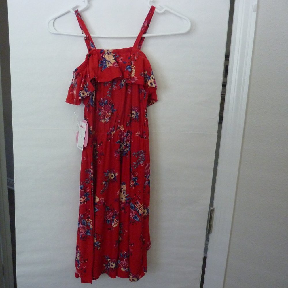 1St Kiss Girls, Red Flower Dress, US Size 7/8. 92% Polyester, 8% Spandex